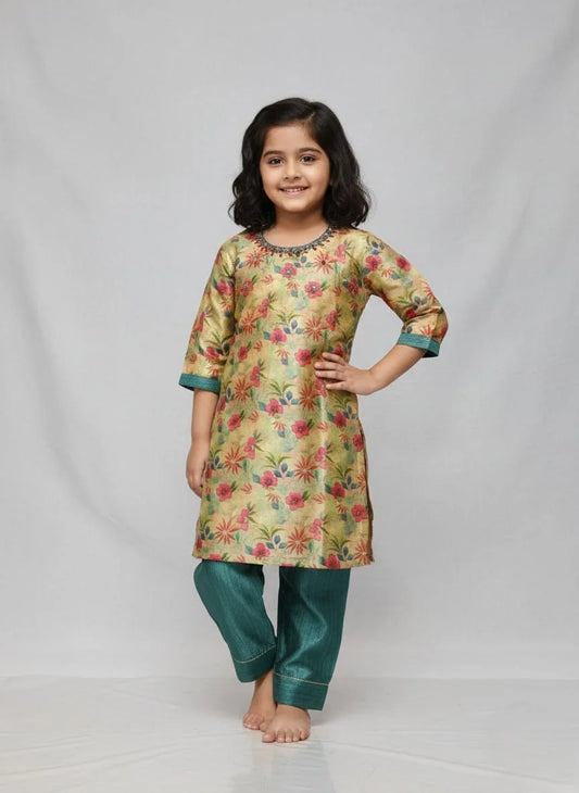 Girls Firozi Yellow Colour Kurti Pent