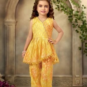 Girls yellow colour printed dresses butter chinon fabric