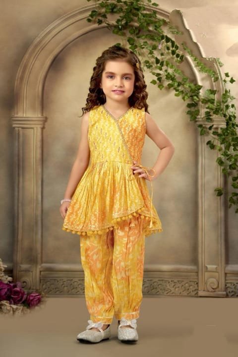 Girls yellow colour printed dresses butter chinon fabric