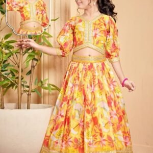 Girls lehenga choli printed lemon colour