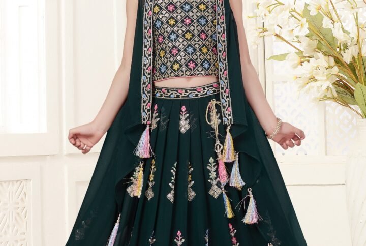 Girls lehenga choli bottle green crop with srug
