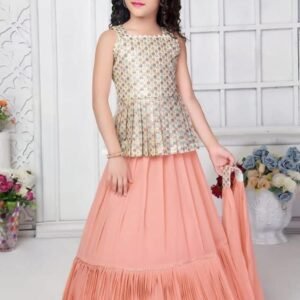 Girls lehenga choli chinon fabric peach and cream paplum style