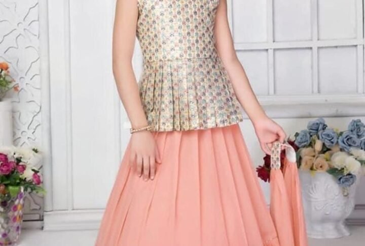 Girls lehenga choli chinon fabric peach and cream paplum style