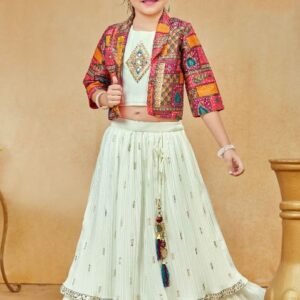 Cream lehenga top with multy jacket choli