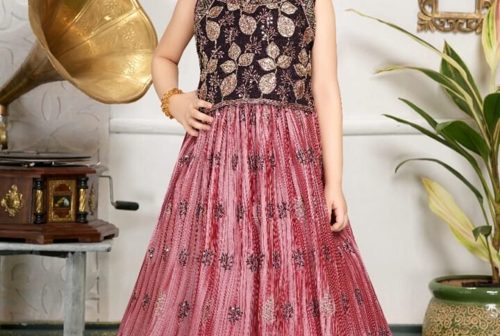 Girls lehenga choli peach wine all over work