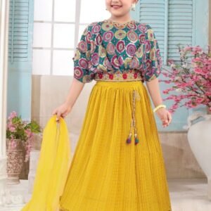 Girls lehenga choli lemon colour with balloons sleeve poncho style