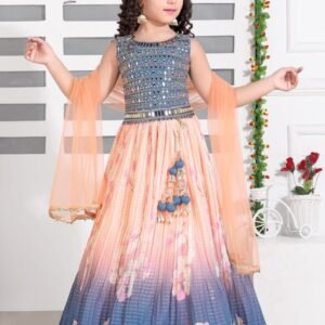 Girls lehenga choli miror work with saded lehenga peach colour