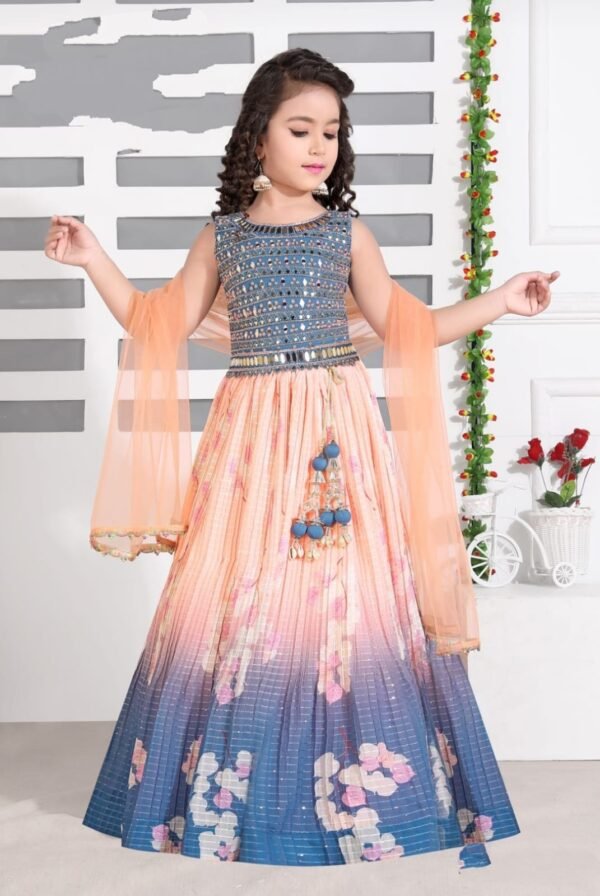 Girls lehenga choli miror work with saded lehenga peach colour