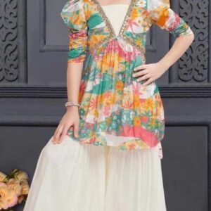 Multi colour alia cut with white plazo