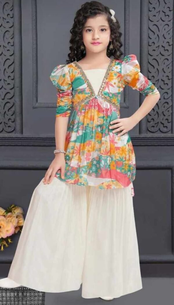 Multi colour alia cut with white plazo