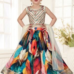 Girls lehenga choli printed skirt with cream mirror work top