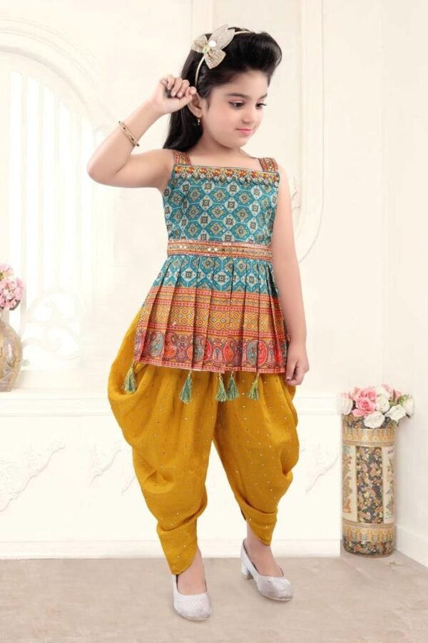 Dhoti style peplum top yellow colour multi work
