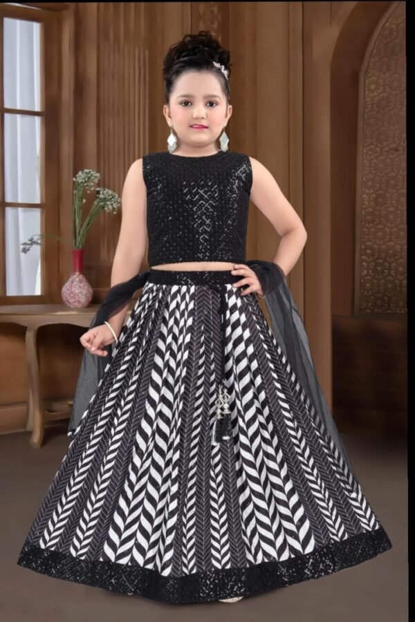 Girls lehenga choli white black multi skirt black sequence top