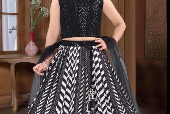 Girls lehenga choli white black multi skirt black sequence  top