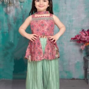 Girls herum style with peplum top pink pista colour chinon fabric