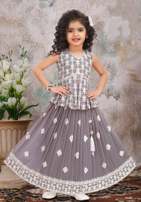 Girls lehenga choli peplum style grey colour lucknowi work