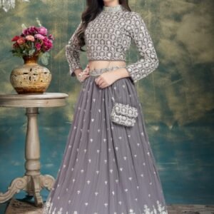 Girls lehenga choli grey colour lucknowi work with purse