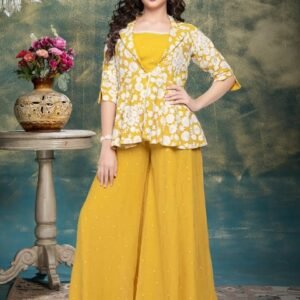 Yellow colour plazo with croptop lucknowi work fully blazer