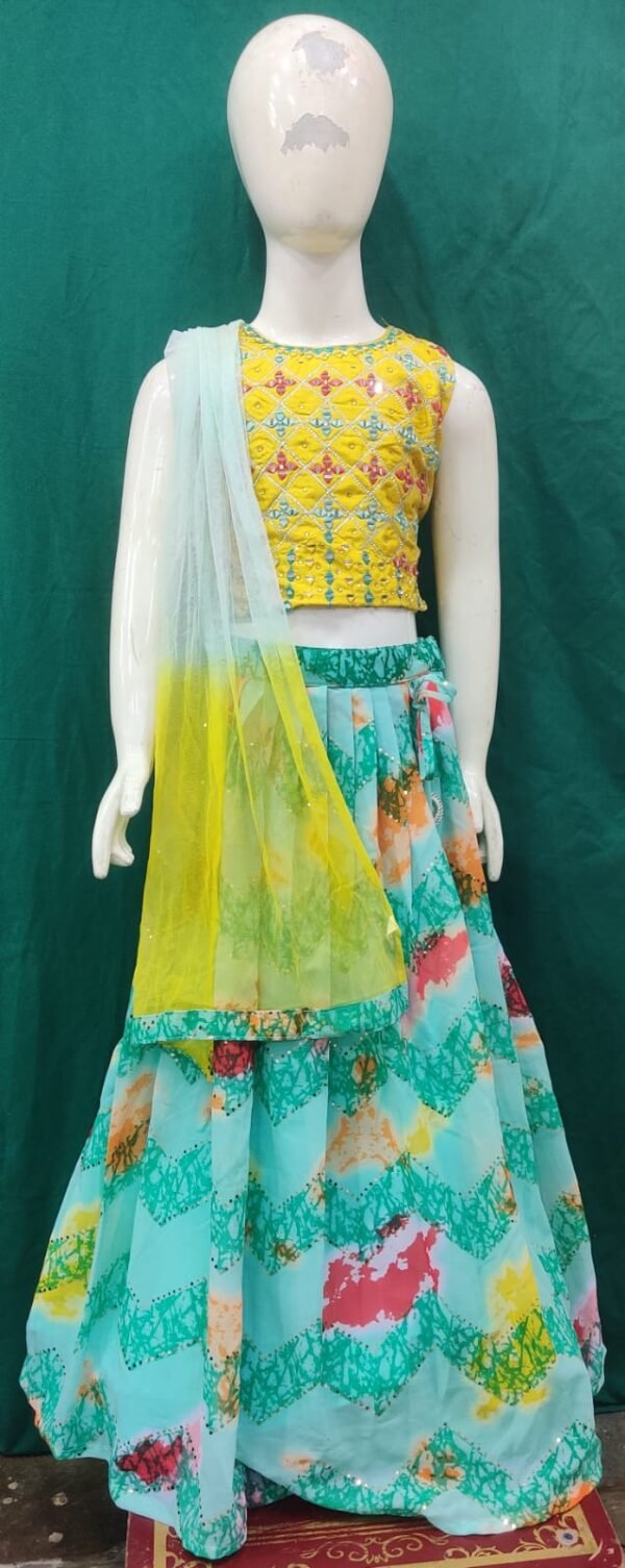 Girls Lehenga Tie And Dai Print Real Mirror Work Fabric Jorjet