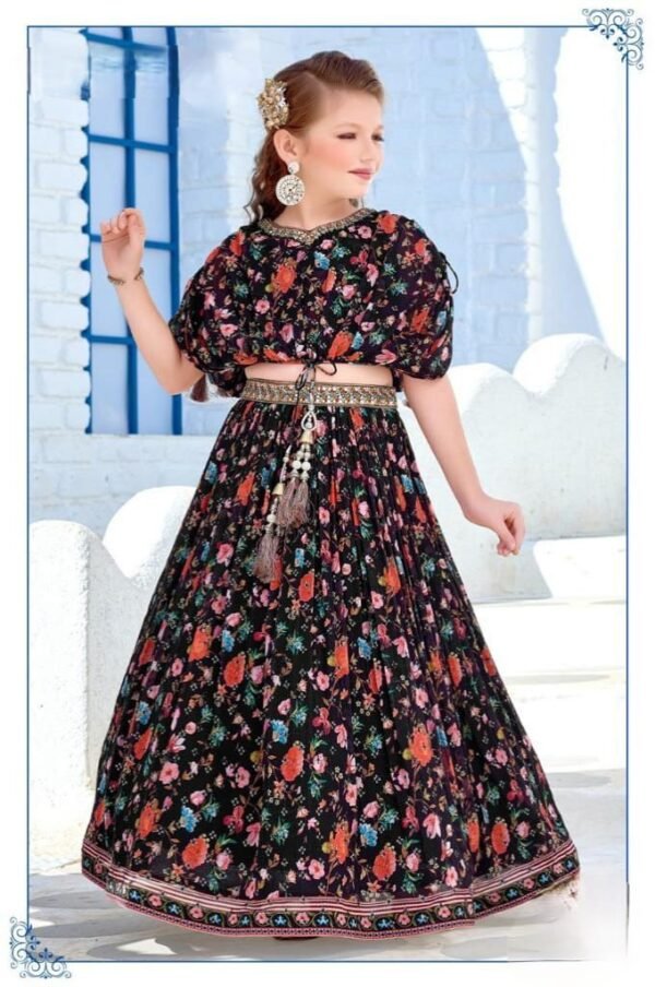 Girls Lehenga Kaptan Style Organza Print Micro Sequence Work Chiffon Fabric