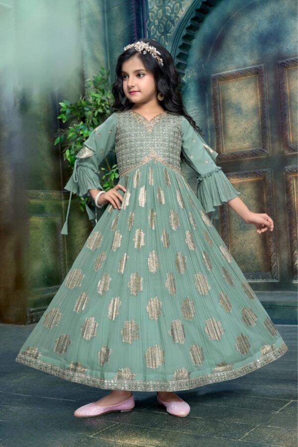 Girls One Piece Gown Brocket Work Heavy Border Chiffon Fabric