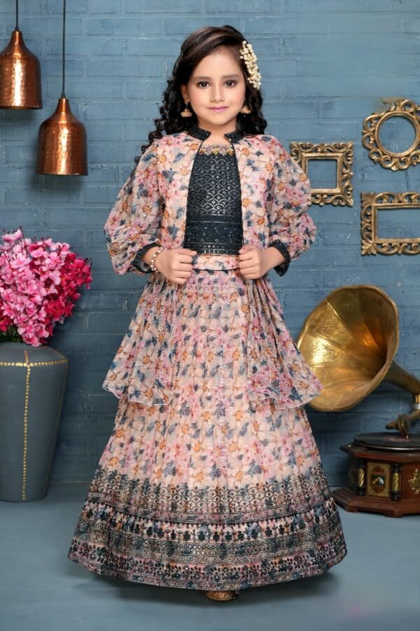 Girls Lehenga With Kotis Sequence Work Heavy Border Organza Fabric