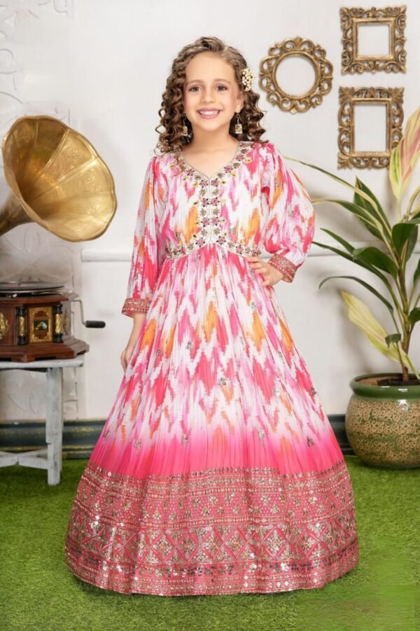Girls Gown Alia Cut Heavy Sequence Border Chiffon Fabric