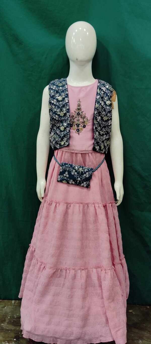 Girls Lehenga With Koti End Purse Sequence And Embroidery Work Butter Chinon Fabric