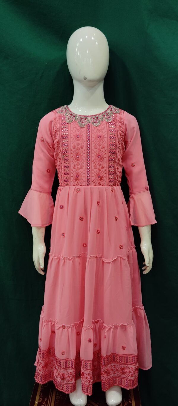 Girls One Piece Gown Embroidery Work Chiffon Fabric