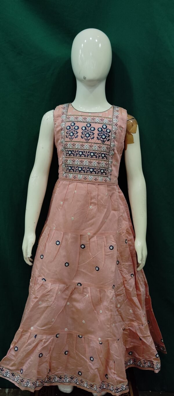 Girls One Piece Gown Chanderi Cotton Fabric Embroidery Work