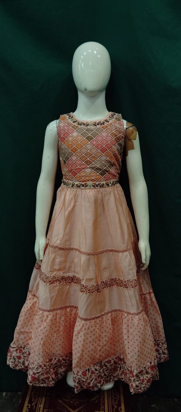 Girls One Piece Gown Embroidery Work Chanderi Cotton Fabric