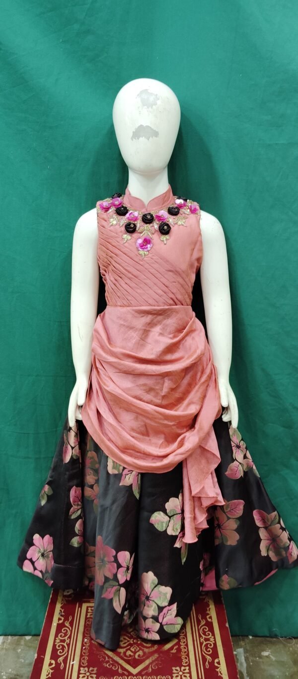 Girls One Piece Gown Brocket Print Soft Silk Fabric