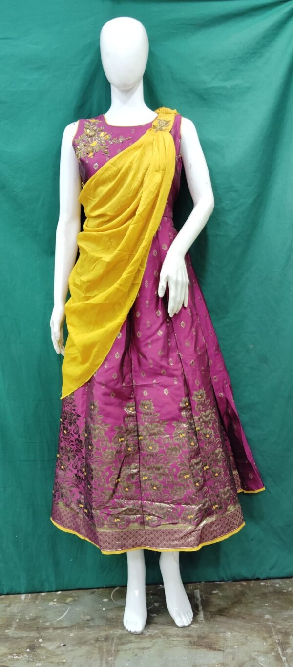 Girls One Piece Gown Brocket Work Silk Fabric