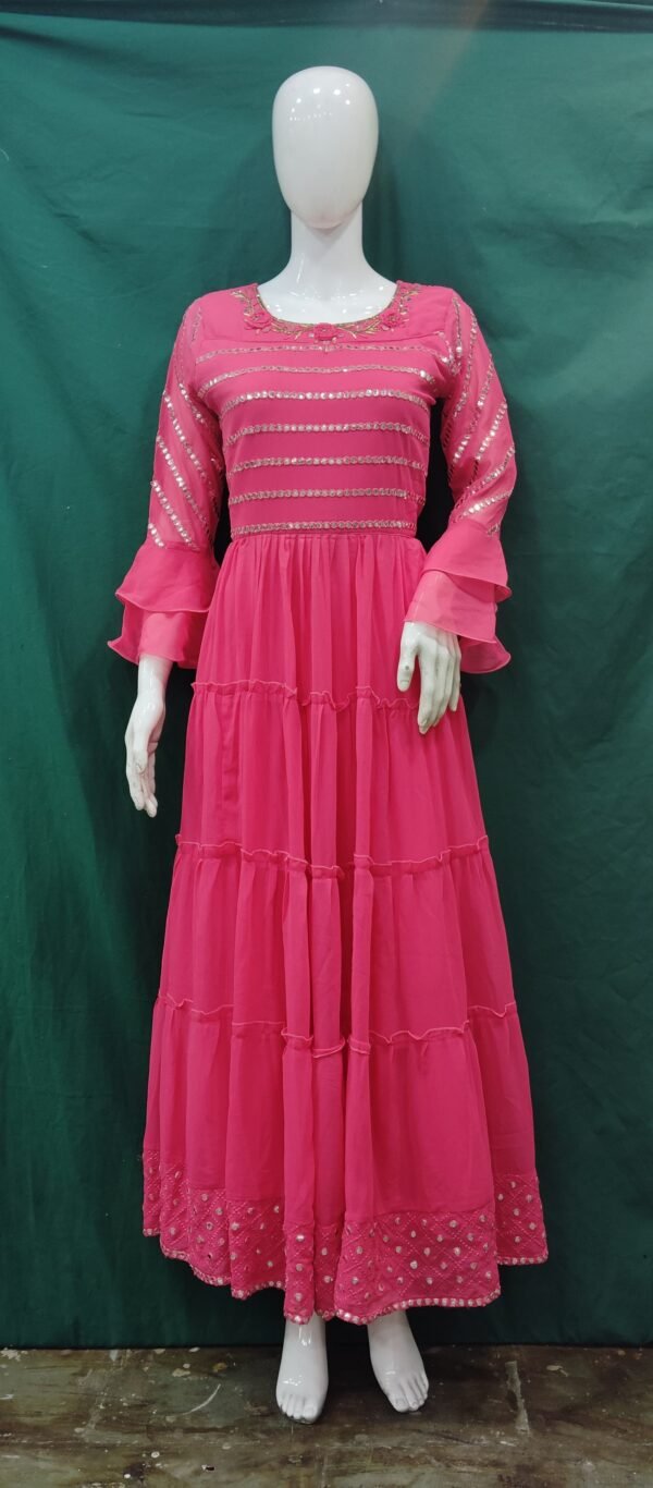 Girls One Piece Gown Gota Patti Mirror Work Chiffon Fabric