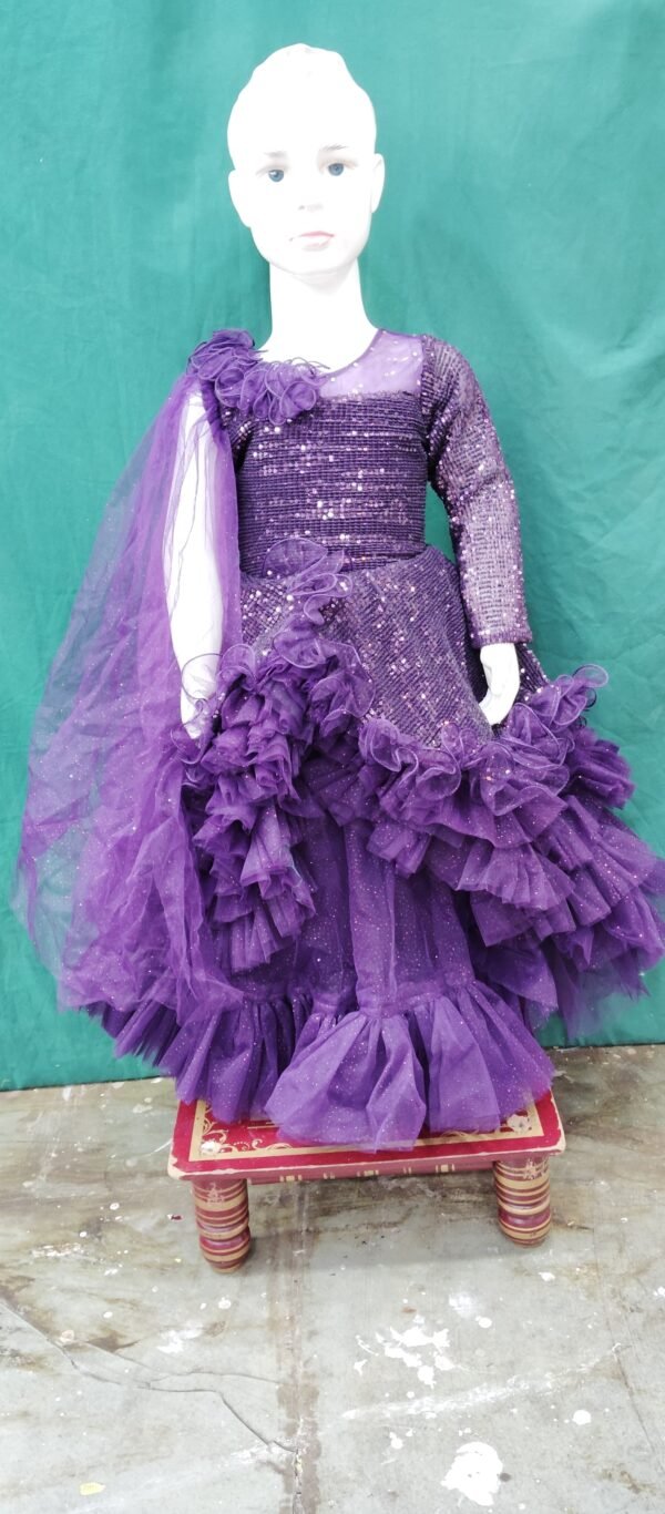 Girls One Piece GowN Sequence Work Soft Net Fabric Wine