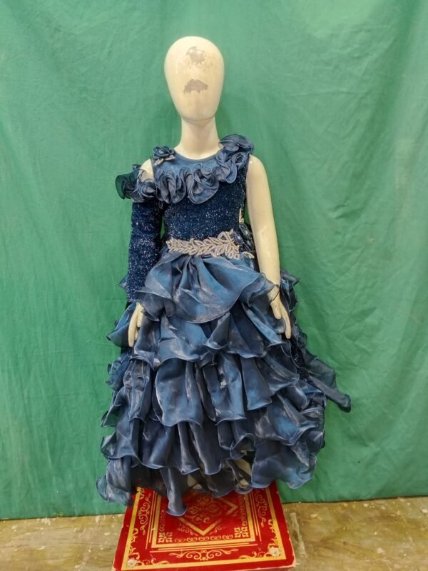 Girls One Piece Gown Heavy Belt Organza Fabric