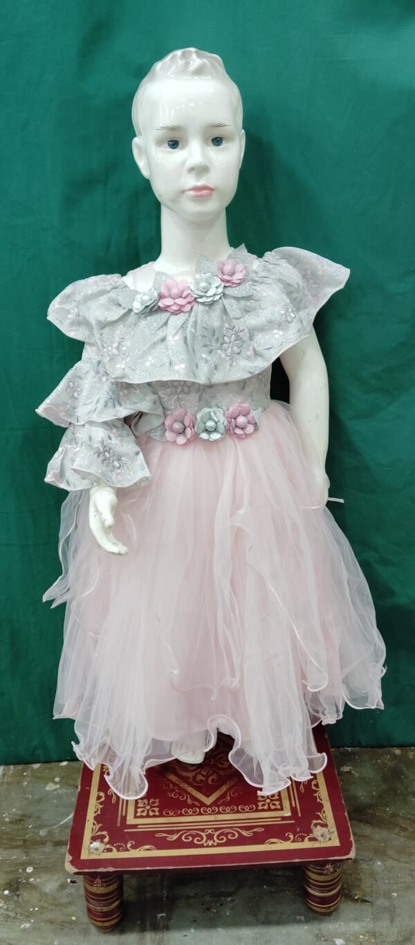 Girls Long Frock One Side Sleeve Net Fabric Pink Colour