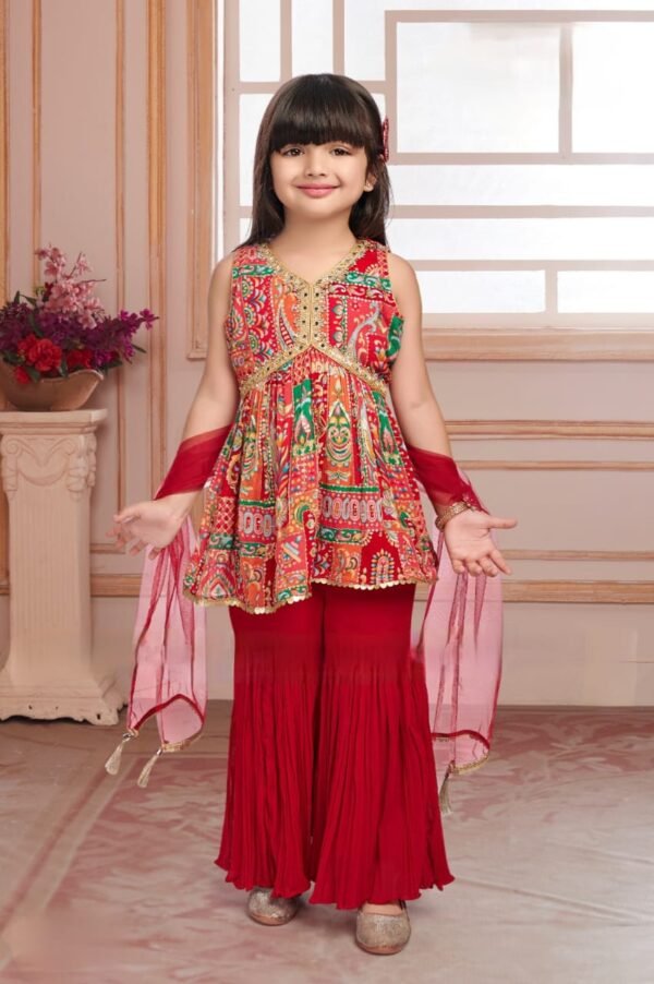 Girls Alia Cut Sharara Georgette Fabric Red Colour