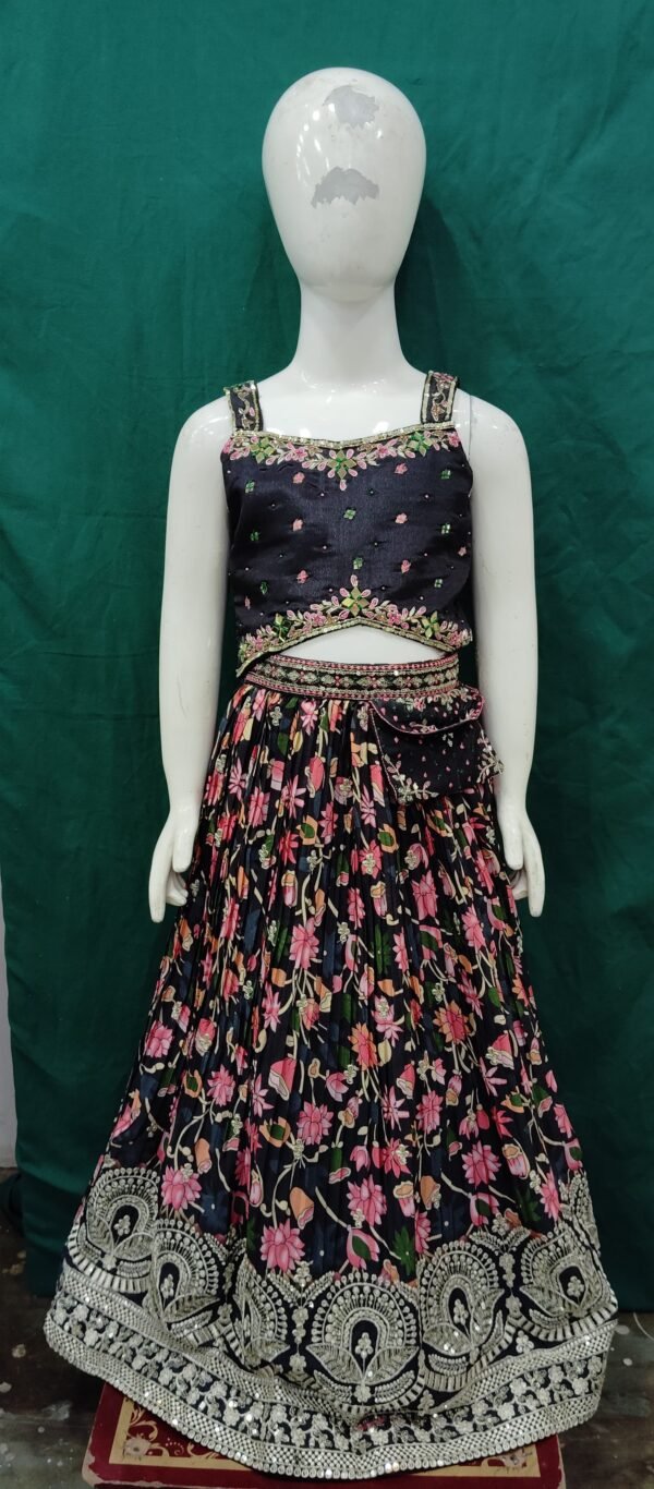 Girls Lehenga Hand Work Organs Print Heavy Border Silk Fabric