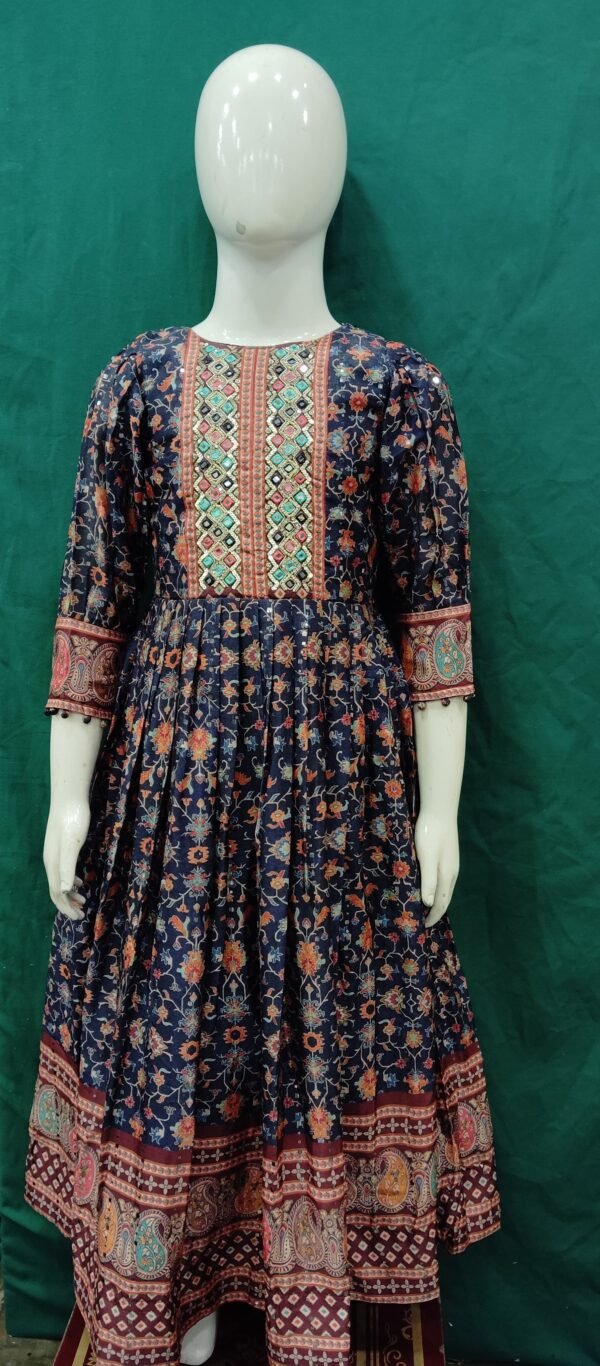 Girls One Piece Printed Gown Sequence Work Heavy Border Chinon Silk Fabric