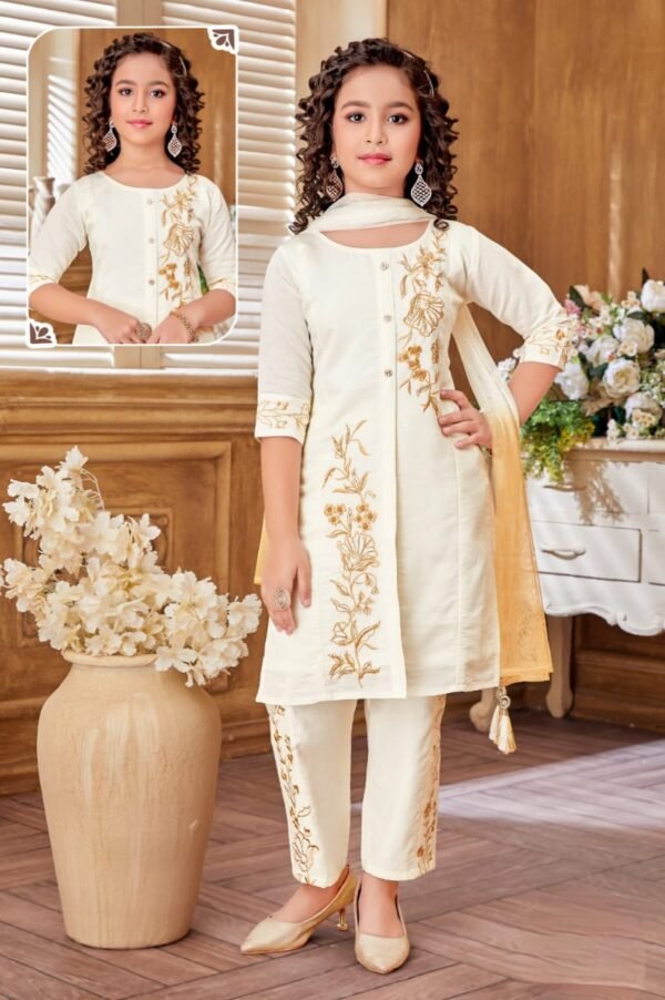 Girls Kurti Pant White Colour Cotton Silk Fabric