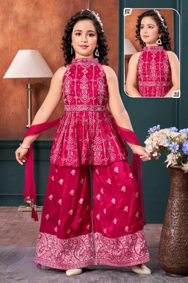 Girls Peplum Top With Plazo With Belt High Neck Top Rani Colour