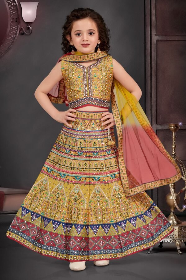 Girls Lehenga Short Top Gold Multi Colour Mirror Work