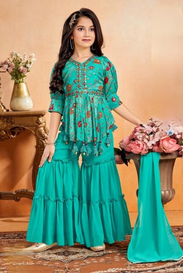 Girls Green Colour Peplum Top Nd Plazo