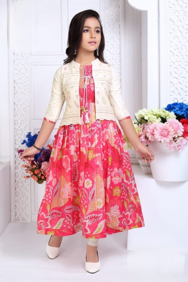 Girls Rani Nd White Colour Kurti Set